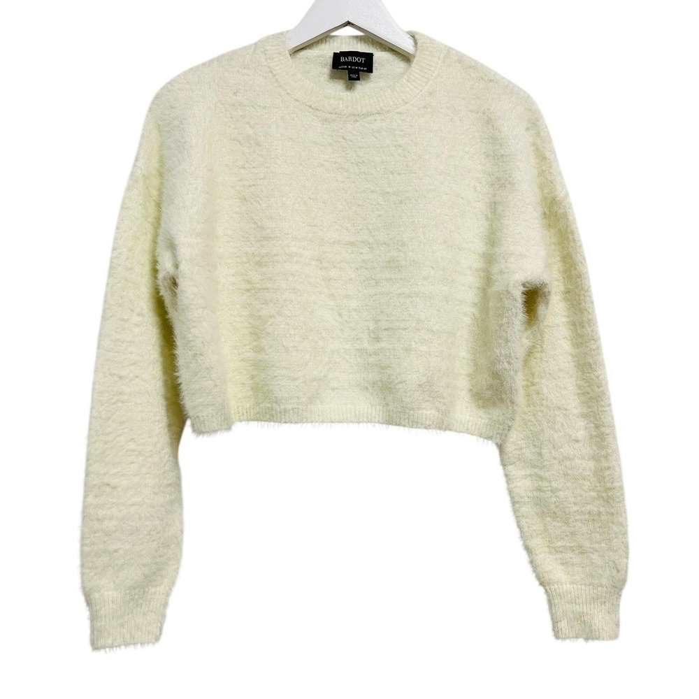 Bardot Sweater Womens Medium‎ White Fuzzy Cropped Crewneck Long Sleeve Pullover
